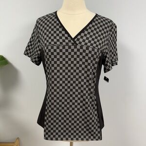 NWT Cherokee Scrub Top L Black & Pewter Gray Check Scrubs Finish Line Flag RN